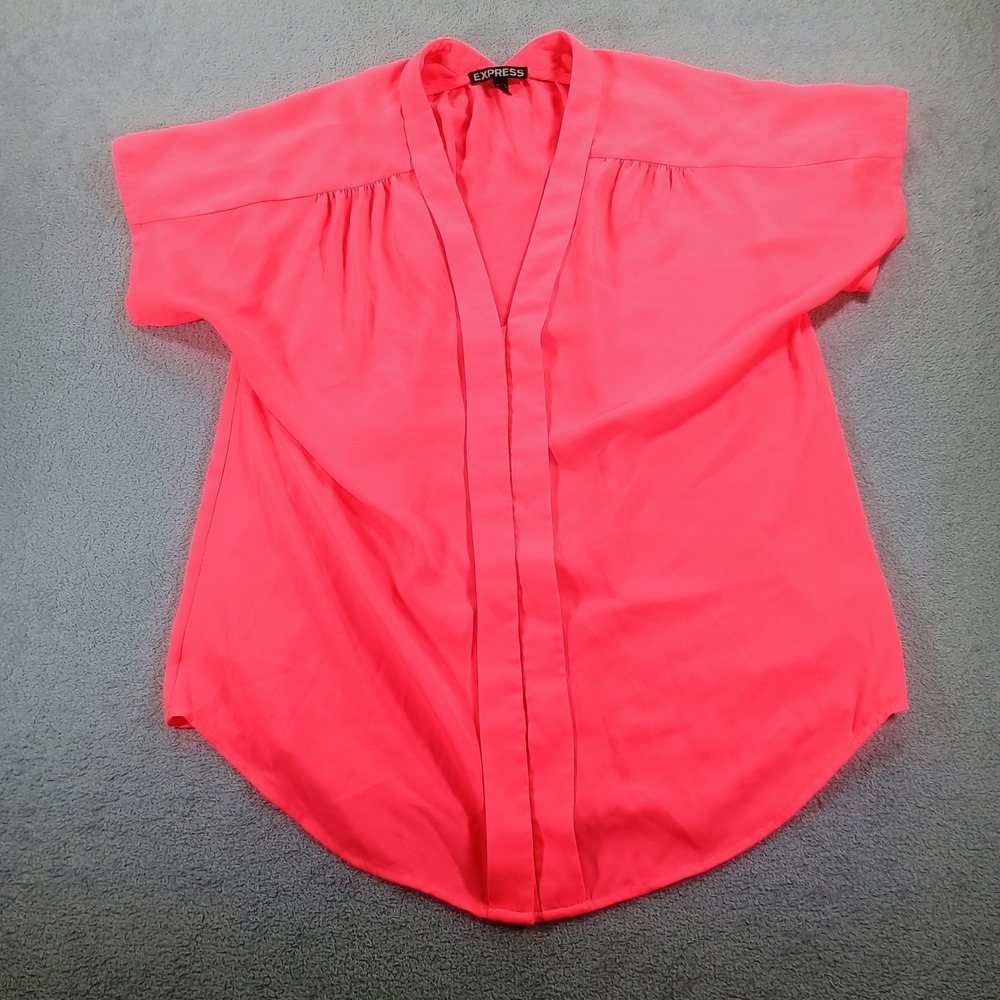 Express‎ Womens V-Neck Blouse Neon Pink Small Short Sleeve Pleated Top